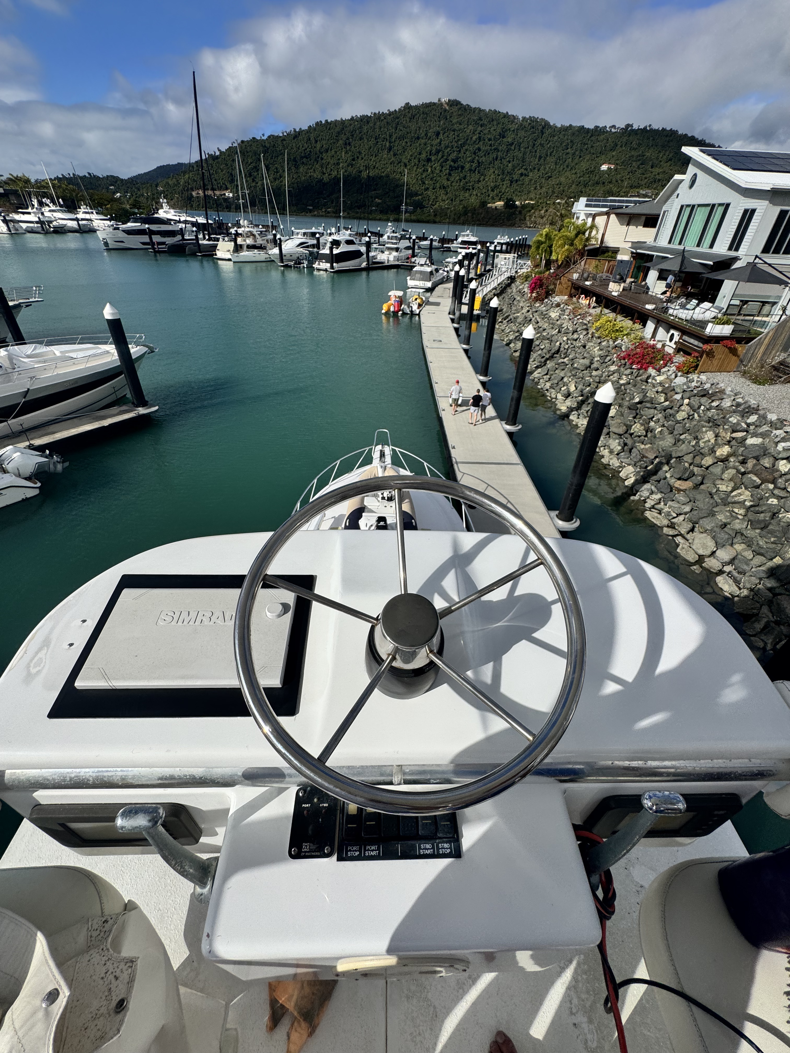 View from the helm over the marina