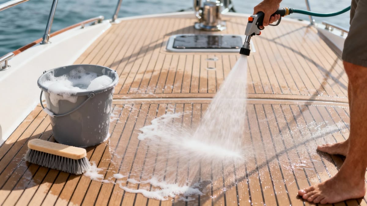 Fresh washdown, soap and clean water on teak