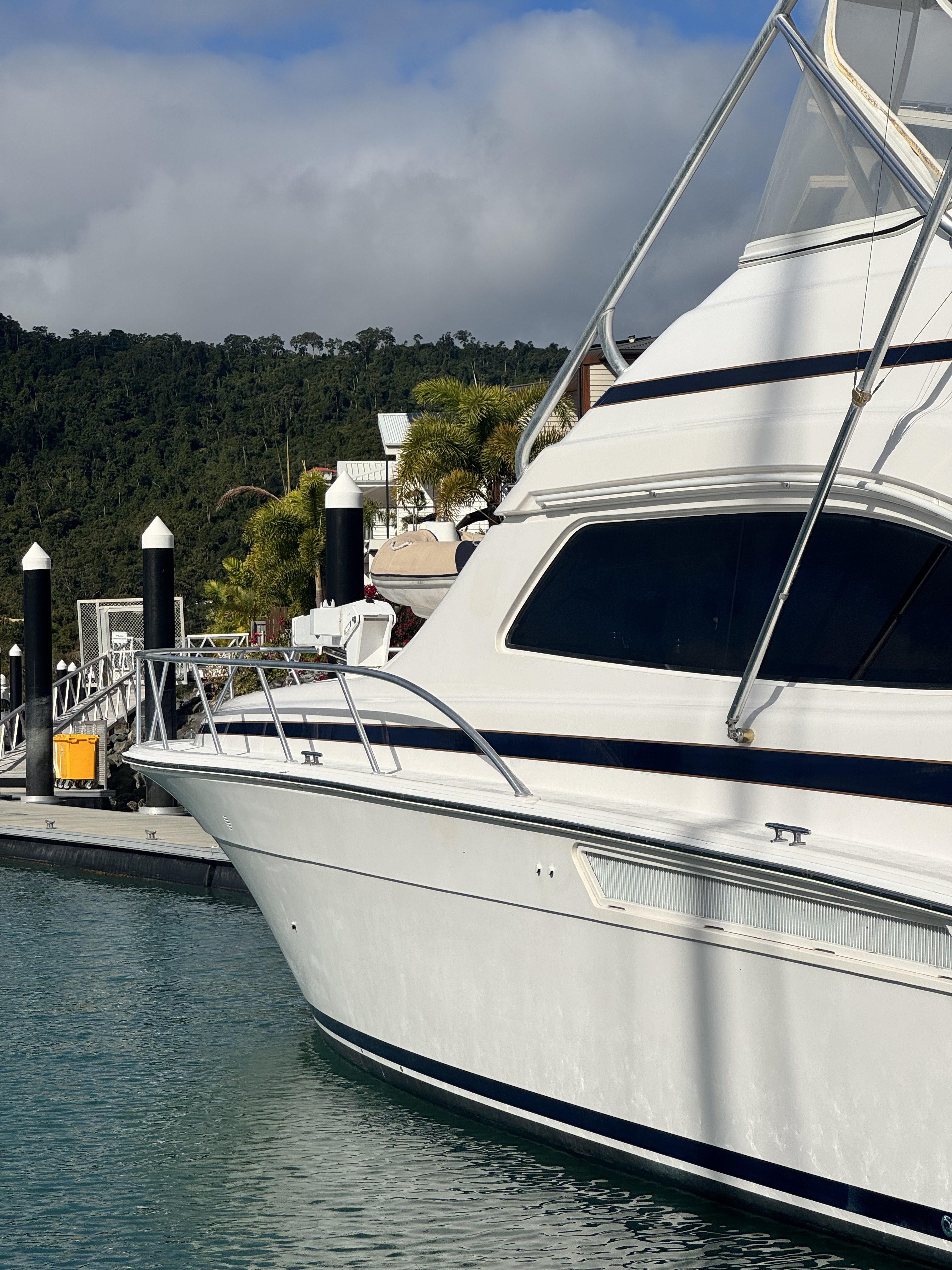 A well-kept motor yacht at the marina